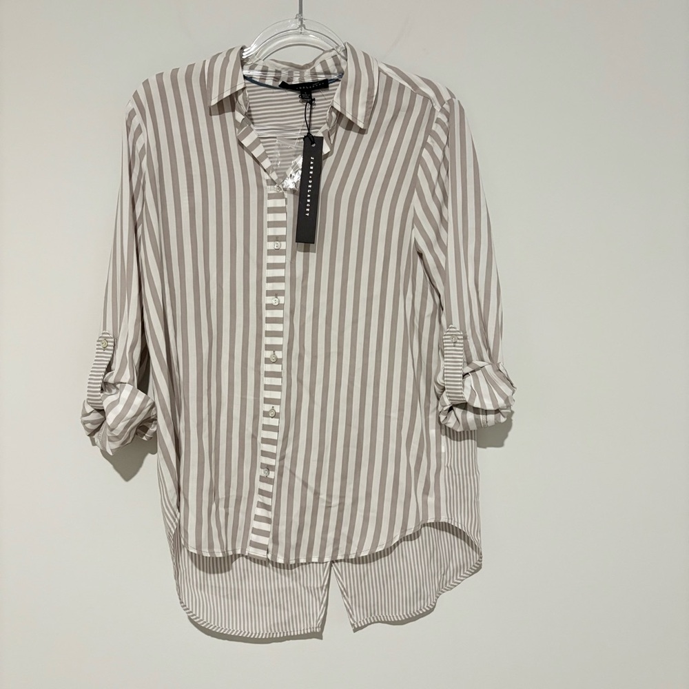 Jane and Delancey striped‎ high low button down shirt tan white small